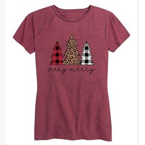 Heather Wine Plaid Leopard ‘Very Merry’ Trees Relaxed Fit T-Shirt - Women’s Plus